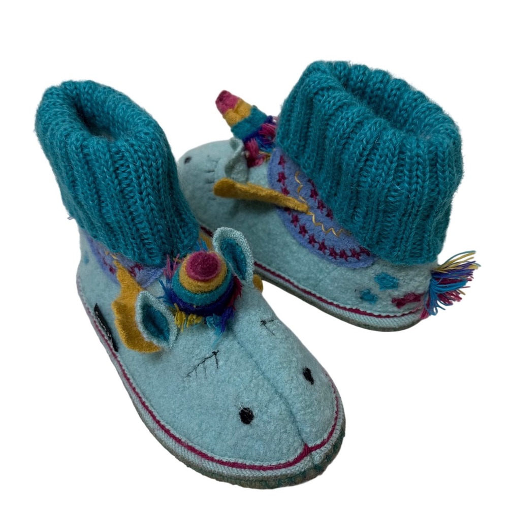 Garnet Hill Kids Wool Unicorn Slipper Booties Blue Teal Size 1 Pure New Wool